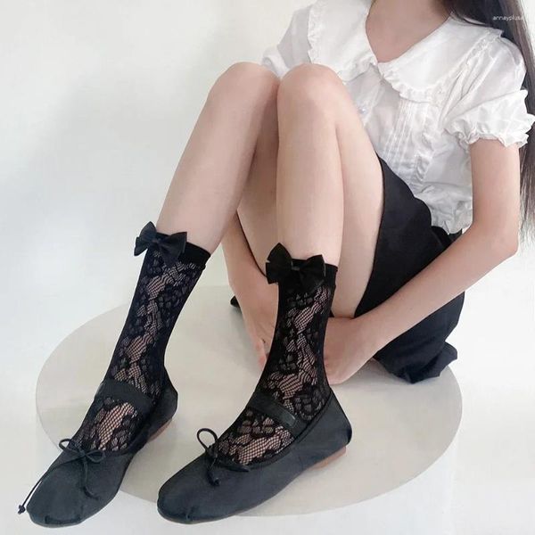 Donne calzini in pizzo Mesh Bow Ballet Stile carino Lolita Kawaii Fishney Colore Solido Black Sweet Girls Nylon Long Sox Sox