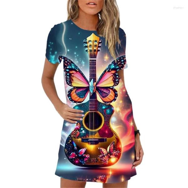 Abiti per feste Fashion Stampa di chitarra strumentale Donne vestiti Elegante manica corta A-Line Sweet Casual 2024 Summer Female