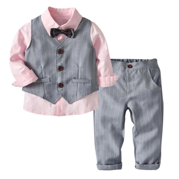 T-Shirts Frühling/Herbst Formale Kinderkleidungsset von 3 Jungen Langarm Pink Hemd/gestreifte Weste/Hosen/Fliege Keilbaby Gentleman Anzug