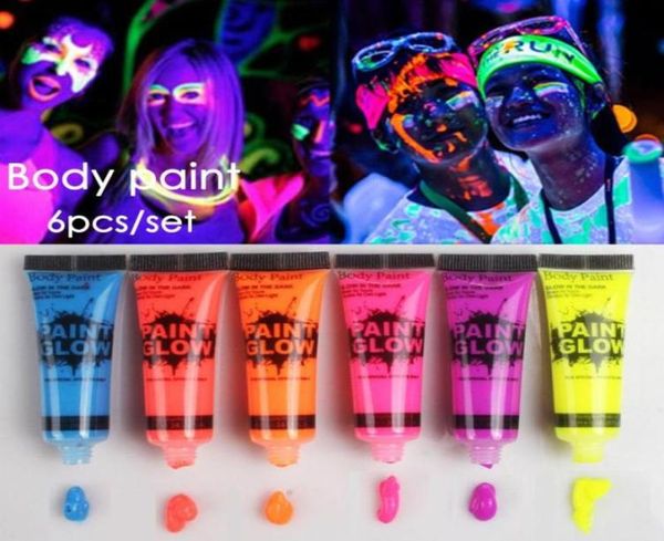 6Colorsset Neon Face Face Body Paint Grow in the Dark Festival Pintura acrílica Tintas luminosas Arte Para o Halloween Party Z054828224