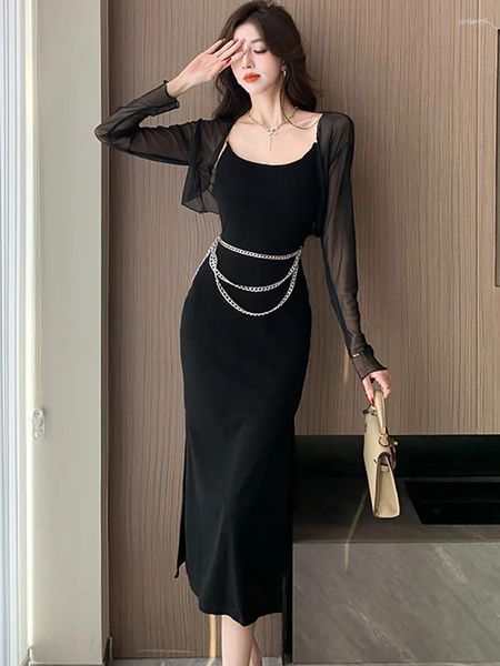 Günlük elbiseler bahar sonbahar siyah mesh gömleği zarif zincir şık askı elbisesi iki parça 2024 kadın Koreli vintage lüks parti takım elbise