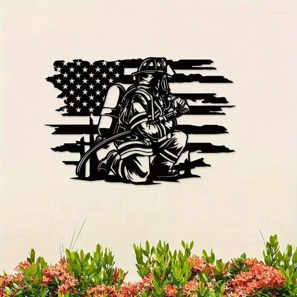 Decorazioni da giardino Arte murale di pompieri patriottici - Tribute American Tribute American Duratura decorazione in metallo in indoor facile da montare