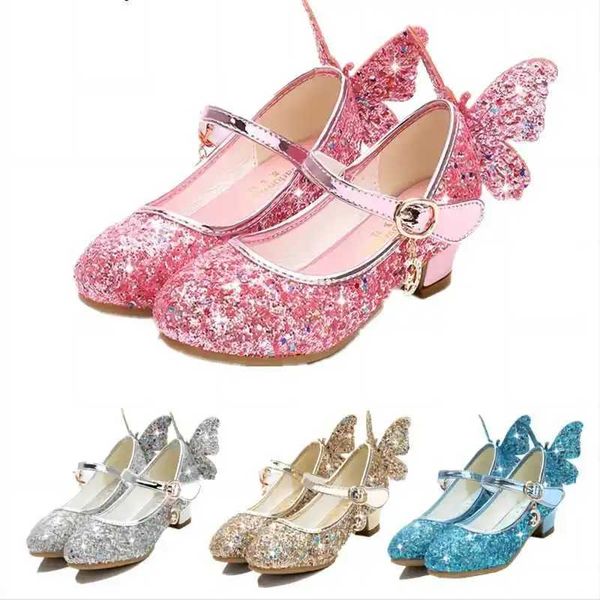 Sapatos planos Princess Butterfly Leather Shoes Kids Diamond Bowknot Heel High Children Girl Girl Glitter Fashion Girls Party Shoe H240504