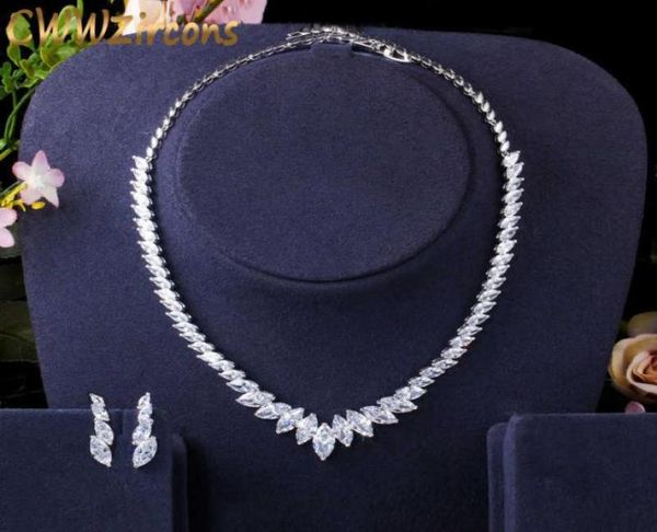 CWWZIRCONS Top Quality Marquise Cut Cz Cubic Циркония Свадебное колье и серьги для свадебного выпускного выпускного вечера наборы ювелирных изделий T398 2104020468