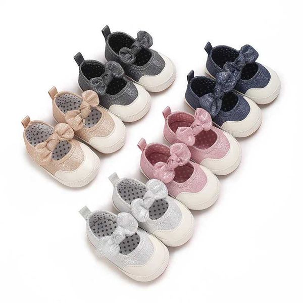 Первая пешеходная обувь принцесса весна/летняя корейская издание Baby Girl Sup Bow Soft Bottom Flat 0-18M Walking Walking обувь H240504
