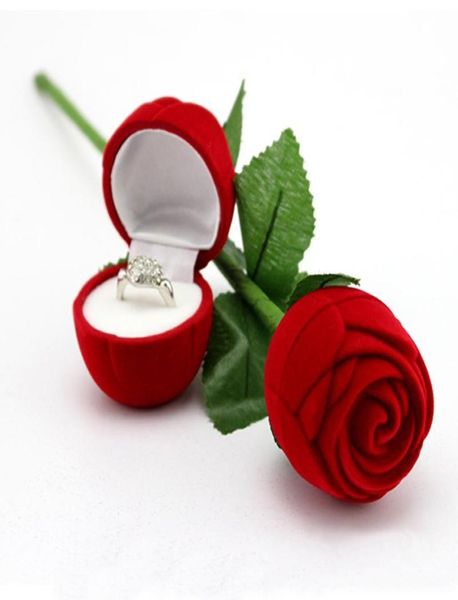 Romantische rote Roseblume Velvet Ehering Ringhalter Ohrringe Aufbewahrungsausstellung Hülle Anhänger Schmuck Geschenkbox Valentinstag Birthda2023951