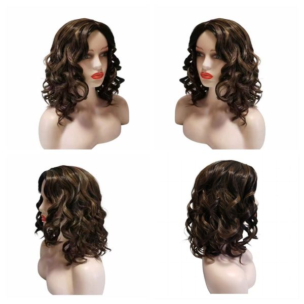 Moda Human Hair Wig For Women 16 polegadas de profundidade Glam Curl Wave Espanhol Wave Deep Brown Wigs Brazia