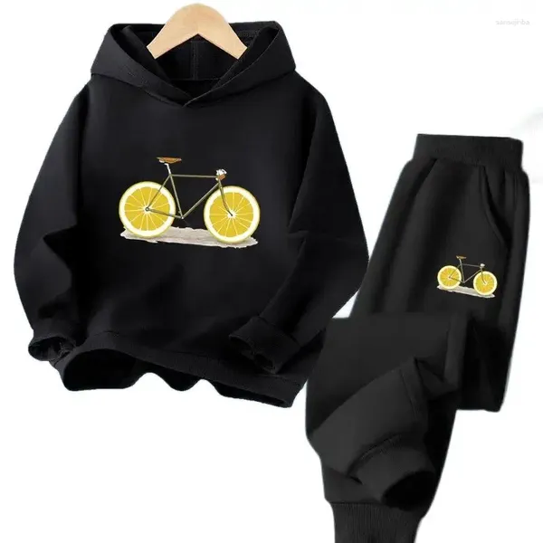 Roupas conjuntos de moda crianças meninos limão fruta impressão capuz roupas de mola de primavera de calça longa calça 2pcs roupas definidas para 3-14 anos