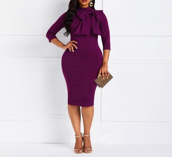 Kadın Midi Kalem Elbiseleri Ofis Lady Mor Purple Bowknot Rahat Zarif Vintage Vintage Style Kadın Moda Güz Dress3301019