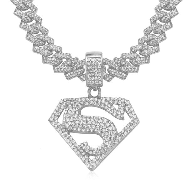 Collana hip hop s Supermans Simbolo ciondolo con diamanti Dichiarazione di moda di lusso Hip Hop Cuban 925 Collana
