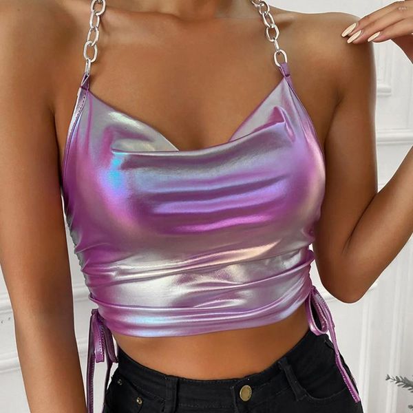 Frauen Tanks 2024 Frauen Sexy Crop Top Holographic Wetlook Metallic Kette Halter Camis Seiten Draw String Club Party Dance Tops Festival