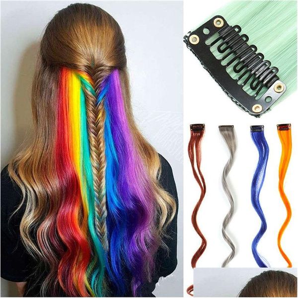 Clip in/on Hair Extensions Colorato colorato in capelli dritti sintetici resistenti al calore per le donne punti salienti della festa MTI MTI