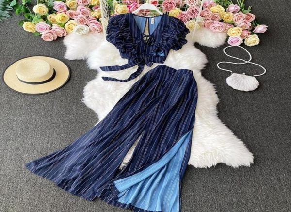 2021 Pantiere a strisce a strisce blu Long Pant a due pezzi Set Women Summer Sexy Bornad Tops a gamba larga Pantaloni da gamba party 2 pezzi set4180514