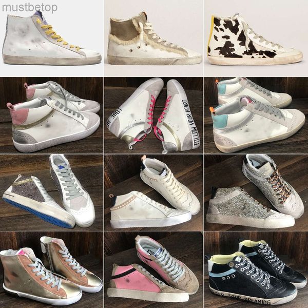 Novo lançamento Golden Mid Slide Star Francy High Top Sneakers Woman Casual Shoes Luxury Italy Brand Trainers Classic White Do Sapato de Men de couro sujo velho