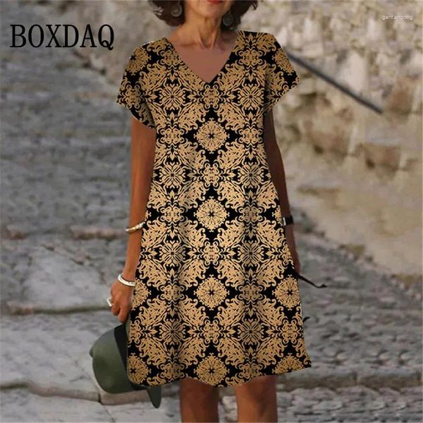 Lässige Kleider 2024 Vintage Women Bohemian Kleid Blumendruck Kurzarm lose Kleidung V-Ausschnitt Ladies Mini Übergroße Vestidos