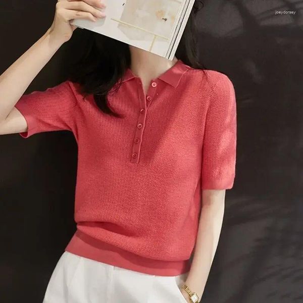 Polos da donna T-shirt Pink Butth Pink Knitting Polo Clothing Trend 2024 In Female Tee Tops with Collar Korean Abiti