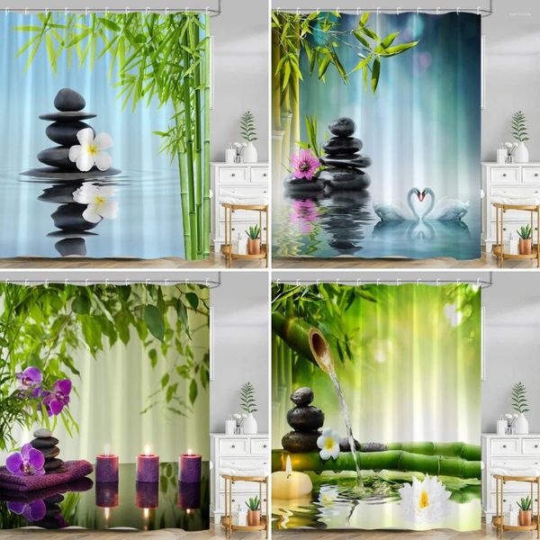 Tende per doccia zen tende in pietra foglie di bambù verde foglie scenario fiume candela spa per orchide