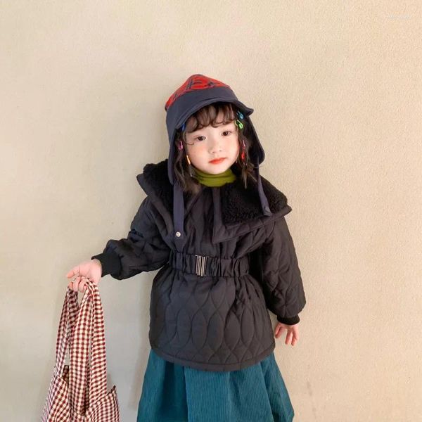 Down Ceket Kış Koreli Kızlar Orta ve Uzun Pamuklu Yastıklı Ceket Siyah Elmas Kafesi Büyük Turn Yaka Sıcak Kemer