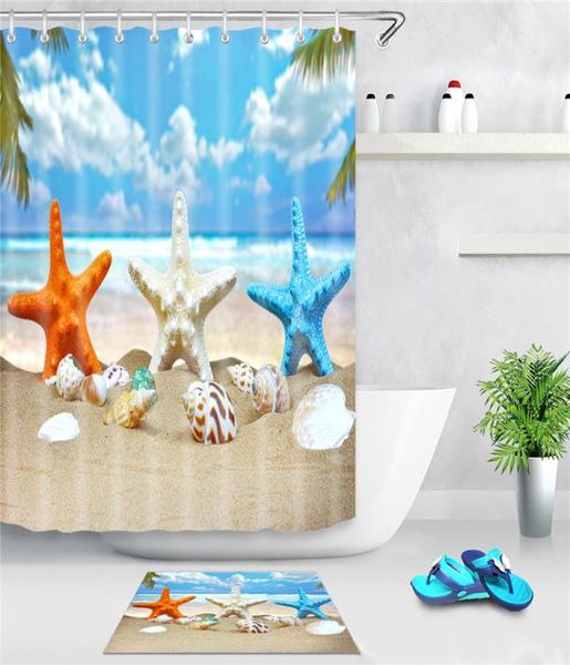 Sea Beach Dochover Candata Starfish Shell Schermo da bagno stampato in poliestere Tende per doccia impermeabile con ganci4495495