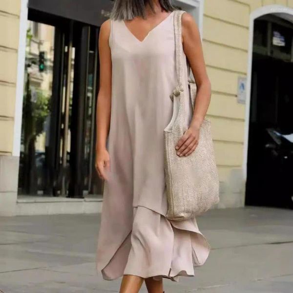 Lässige Kleider Midi Kleider elegant V Hals für Frauen Feste Farbe A-Line Doppelschichtige Patchwork-Design-Einkaufsferien Outfits