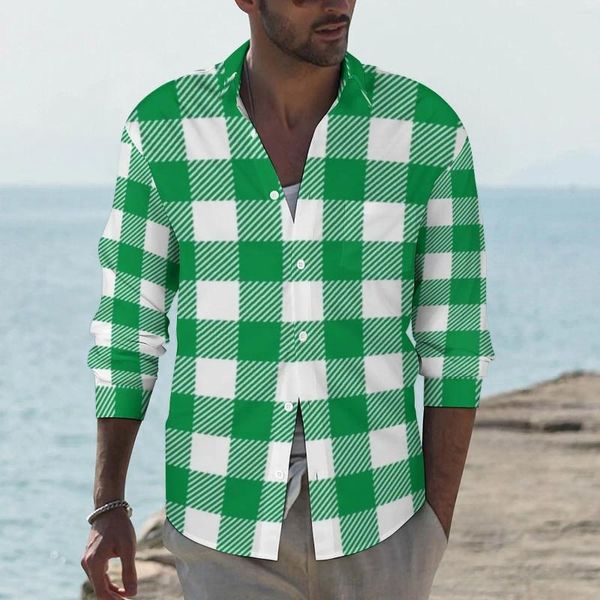 Camisas casuais masculinas Camisa xadrez branca verde Pescâminor de manga longa estilo Street Street Bloups