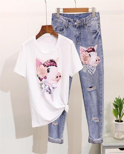 2019 Women Women Beading Cartoon Pig T T Cadeiras Jeans Suits Casual Manga curta lantejoulas Tshirt Hole de calça de jeans Set22749130134