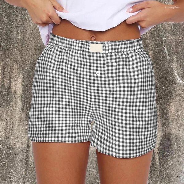 Frauenshorts Y2K Plaid niedlicher Pyjamas kurzer Beinhosen Lounge Schlafboden Elastische Taillenknopf lässig Baggy Schweiß