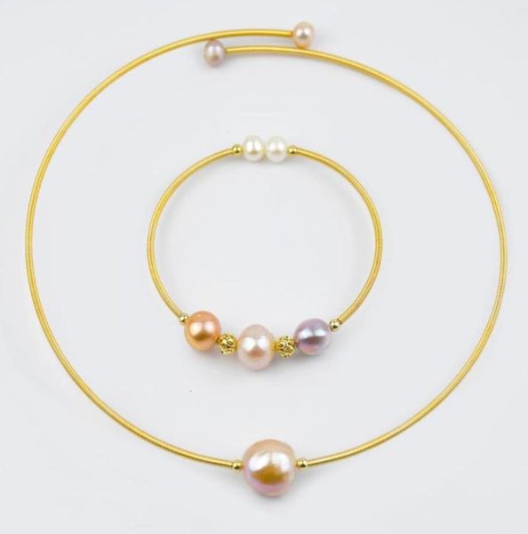 Подвесные ожерелья пресноводные жемчужины и браслет, набор нежного 14 -километрового золотого цвета твердые украшения для женщин5741869