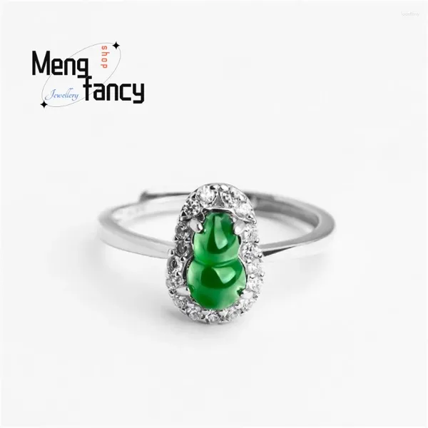 Clusterringe S925 Silber Eingelegtes natürliche A-Gut Jadeit Gourd Sunny Green Icy Jade Ring Einfache exquisite Luxus-Mode-Schmuckurlaub