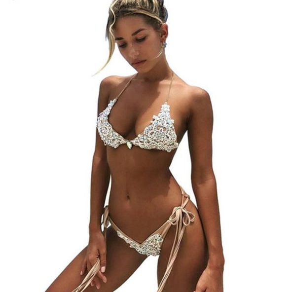 Bandaj dantel bikini seti seksi kadınlar 2018 yeni yaz kristal mayo push up sütyen mayo vintage monokini plaj kıyafeti mimozu3121461