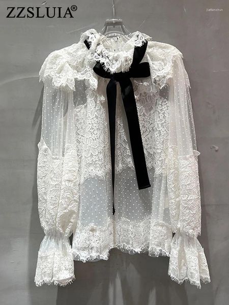 Женские блузки Zzsluia Vintage Lace for Women Bow Designer Patchwork Рубашки с длинным рукавом модные элегантные топы женская одежда