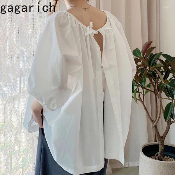 Camicette da donna gagarich Eleganti posteriori svuotanti in pizzo su pieghe solide solide camicia da design donna maniche per lanterna del gigante