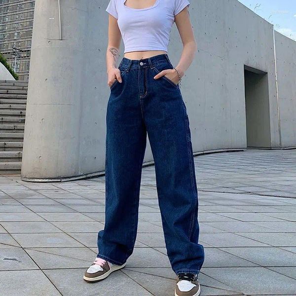 Frauen Jeans Frau Retro blau hohe Taille kausale losen Baggy Skinny Taschen Reißverschluss Button Ladhosen Weitbein Mujer Pantalone