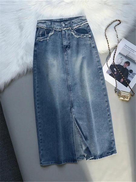 Gonne ad alta vita classica classica Denim Long 2024 Front Summer Pulsante Split Jeans Disponti di jeans A-Line Femmina