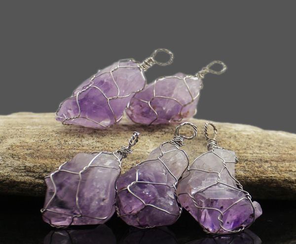 Handgewebte weiße Kupferpackung Amethyst Crystal Cluster Reiki Juwely Natural Crystal Prototyp Stone Fashion Charme Frauenanhänger3999402