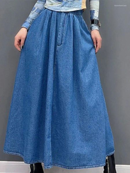 Saias Qing Mo 2024 Salia de jeans azul de verão Mulheres angustiadas de comprimento meio