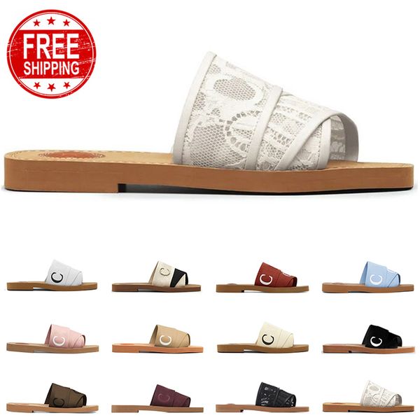 Kostenlose Schifffahrtswomen Sandalen Designer Woody Mules Flachrutsche Leichte Bräune Bräune Beige weiß rosa goldene Spitze Schriftzeichen Stoff Leinwand Slipper Damen Sommer Outdoor Schuhe