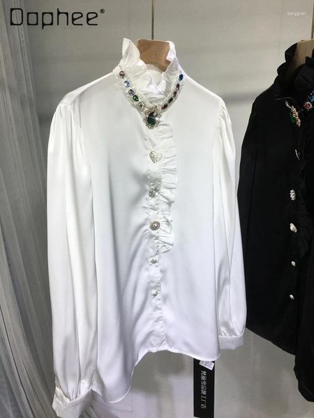 Frauenblusen schwere Industrie Perlen weiße Hemd Frauen 2024 Frühling Herbst Vielseitige Holzohr Französisch Puffhülle Silky Satin Long Bluse