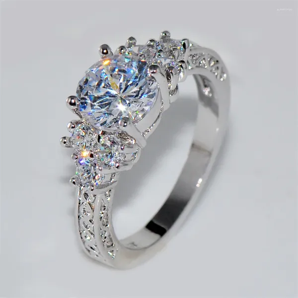 Anelli nuziali Splendente White Zircon Engagement Anello di lusso Crystal Round Pietra per donne uomini Silver Bande di colori eleganti