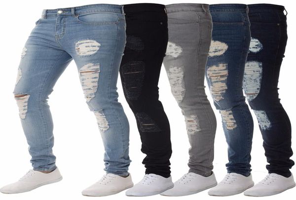 Мужские повседневные джинсы скинни брюки Сплошные черные разорванные нищие деним с коленом для молодежи9685325
