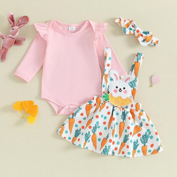 Giyim Setleri Bebek Kız Paskalya 3pcs Kıyafet Uzun Kollu Romper Havuç Baskı Nakışı Genel Elbise ve Yay Baş Bandı