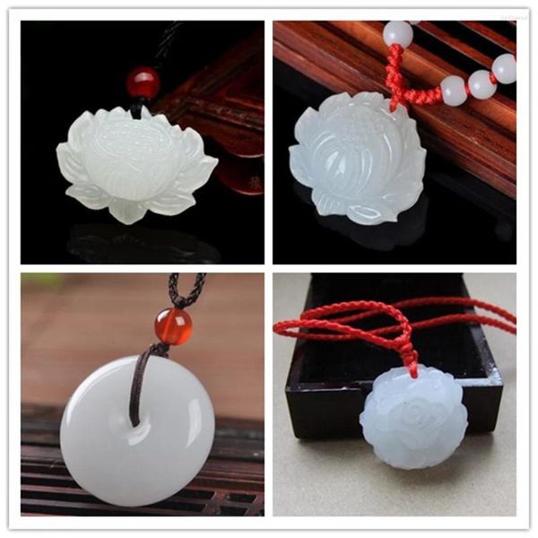Anhänger Halsketten 3pcs gemischt natürlicher weißer afghanischer Stein Jade geschnitzt Rosenblume Lotus Luck
