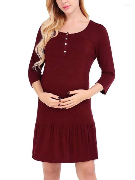 Lässige Kleider Frauen Mutterschaftskleid 3/4 -Ärmel -Crew Neckknopfverschluss Falten Midi Schwangerschaft