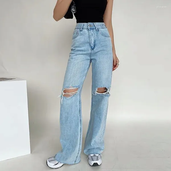 Jeans feminino Mulher rasgada de cintura alta Torras de perna reta 2024 Baggy casual namorado estilo calças largas jeans