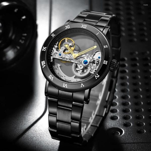 Armbanduhren Männer mechanische Uhr hohl aus Mode Retro Luminous Hands Business Freizeit Vollautomatisch Mann Handgelenk