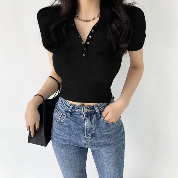 Frauen Polos Frau T -Shirt Schlankes Coquette Kleidung einfache schwarze Polo -Nacken Frauen sexy koreanische synthetische Mode 2024 Tops im Trend