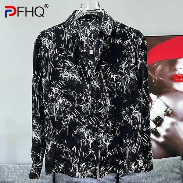 Camisas casuais masculinas pfhq estilo chinês abstração fria de manga longa de verão de verão belo e solto encaixe de seda de seda tops 21z4354