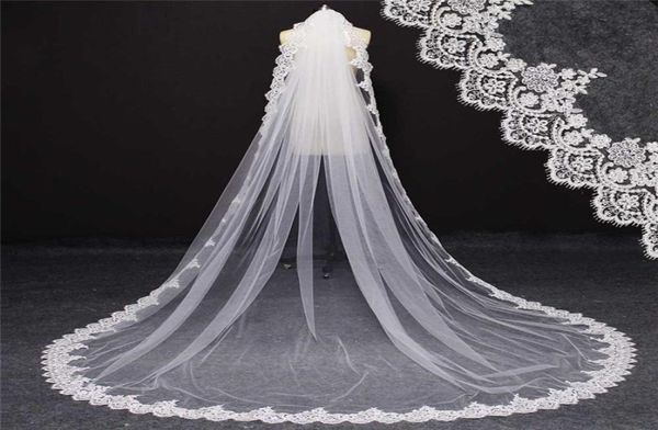 Real Images Single -Tier Bling -Pailletten Spitzenkante Mantilla Brautschleier mit Kammkathedrale Lange Hochzeitsschleier NV71019705789