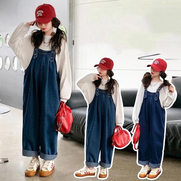 Одежда наборы корейская весна осень -младшая девочка 2pcs одежда набора детей с длинными рукавами джинсы общий прямые брюки для девочек