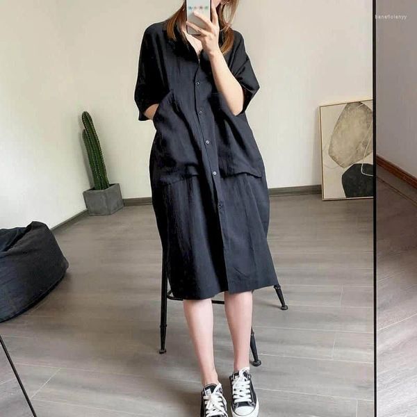 Parti Elbiseleri Gömlek Elbise Vintage Sıradan Yarım Kollu gevşek Polo-Neck Kore tarzı Tek Kelime Breated Orta Uzunluk Yaz Kadın Giyim